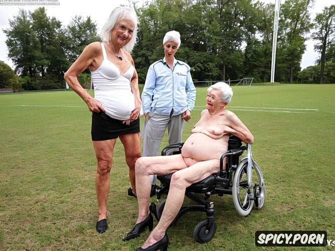 thin, football field, skinny, hanging wrinkeled belly, 97 year old granny