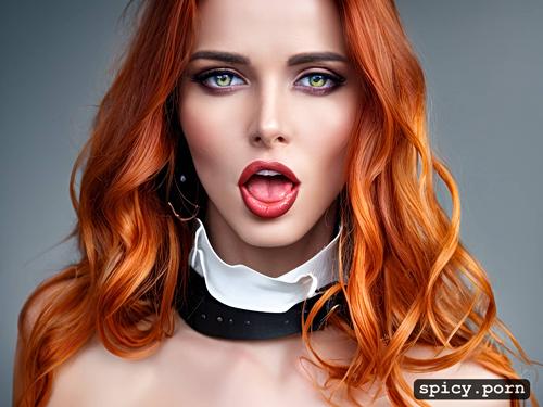 orgasm eyes, long wavy orange hair, portrait, white woman, naked except for collar