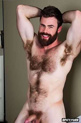 ultra realistic, bearded, sperm smear, hair on his chest, macho