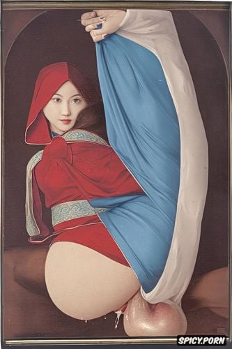 erect penis, blue coat, flat painting japanese woodblock print
