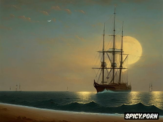 sea, moon, aivazovsky, masterpiece collection, ocean, night sky and stars