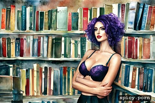 library, pretty face, long legs, purple hair, curly hair, bra