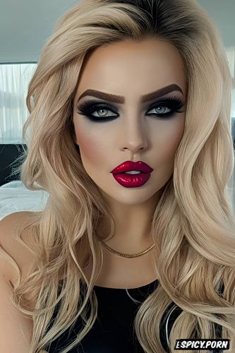 slut makeup, beautiful face closeup, over lined lip liner, blonde bimbo