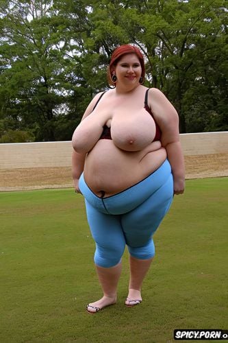 morbidly obese, camel toe, too tight, large belly, pixie hair