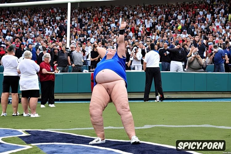 old granny, obese fat, squatting, spectators watching, oversized hanging enormous belly