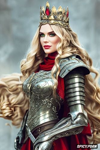 female knight, pale skin, banners, soft green eyes, long golden blonde hair in a braid
