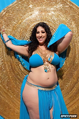 massive saggy melons, gold and silver and colorful jewelry, elegant bellydance costume with matching jeweled bikini top