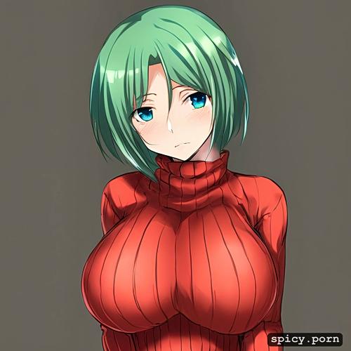 white skin, anime woman, human, beautiful, big breasts, red sweater