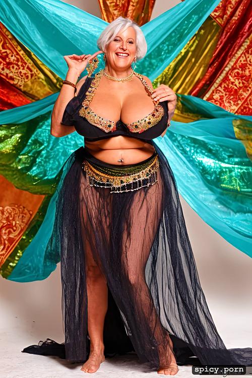 intricate bellydance costume, plus size, smiling, thick, full frontal view