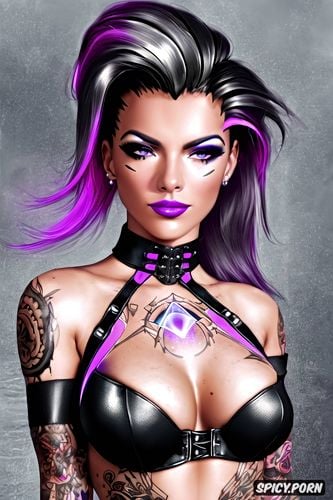 high resolution, k shot on canon dslr, tattoos masterpiece, sombra overwatch beautiful face milf sexy low cut leather mistress outfit