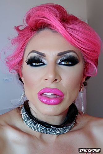 pink eyeshadow, huge botox lips, heavy pink makeup, false eyelashes