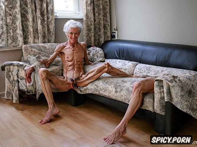 skinny, spreading hairy pussy, fully nude, grey hair, skeletal body