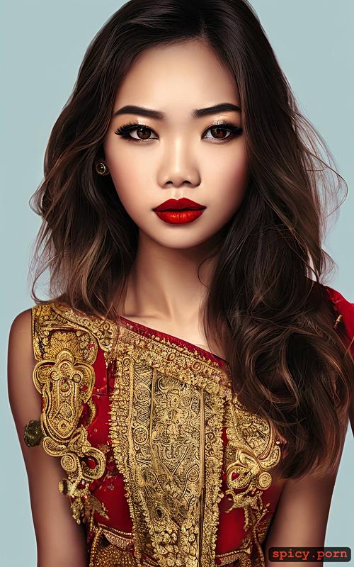 thai girl, red lips, industrial background in pastel colors