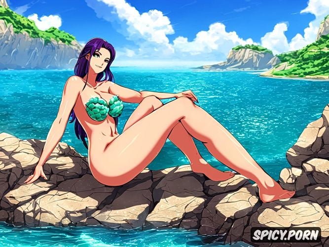 sitting on a rock near the ocean, anime art, mermaid woman