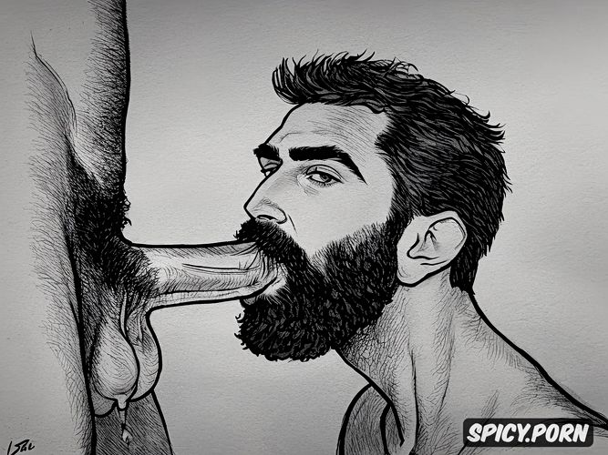 gay blowjob, 35 yo, sketch of a naked penis sucking bearded hairy man
