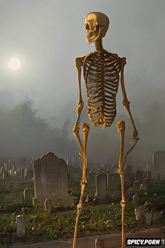 scary glowing standing skeleton, some meters away, graveyard at night