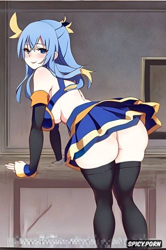anime female, bimbo, white fishnet thigh highs, smile, raised mini skirt