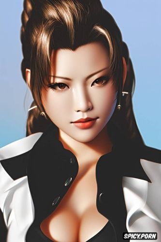 masterpiece, aerith gainsborough final fantasy vii black blazer white shirt shirt unbuttoned beautiful face asian skin milf