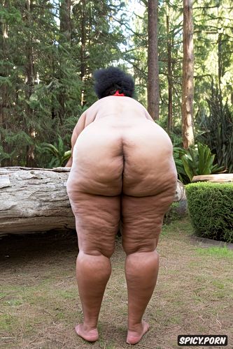 symmetrical face, black granny, photorealistic, wide hips, looking back