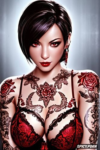 high resolution, ultra detailed, ada wong resident evil beautiful face young sexy low cut red lace lingerie