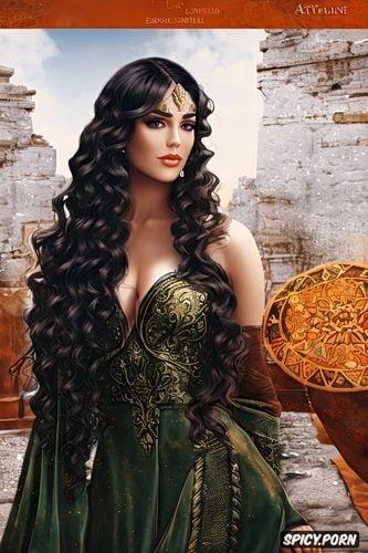 arianne martell, long soft dark black hair in curly ringlets