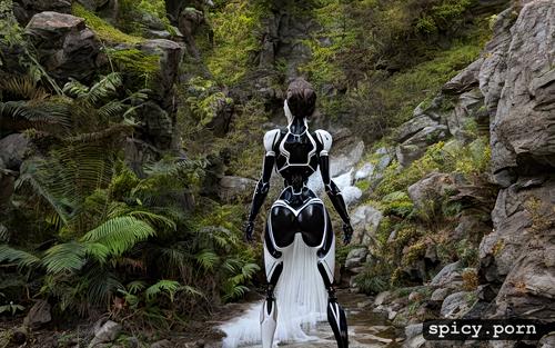 standing, dark ciberpunk, back view, dark fantasy, female robot