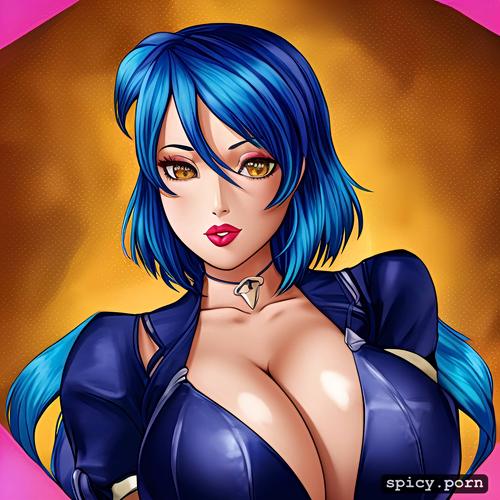 hourglass figure body, exotic lady, short, blue hair, pixie hair