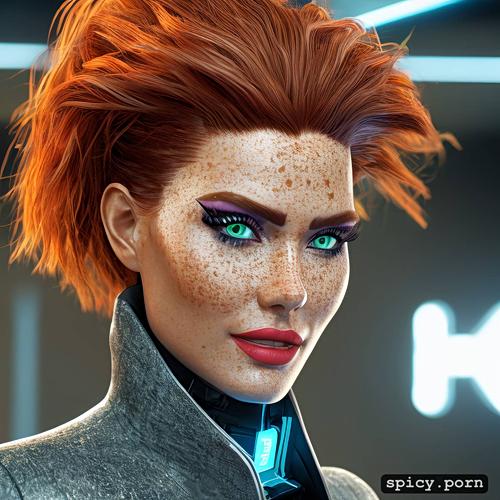 an extremely beautiful redhead scandinavian female humanoid with freckled cheeks