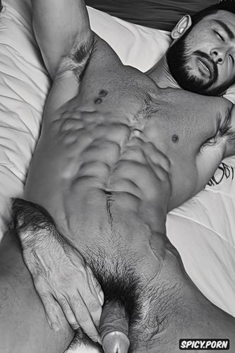 realistic manly japanese fit man naked, hairy crotch, cumming in himself at bed showing his full body perfect hairy body and perfect face