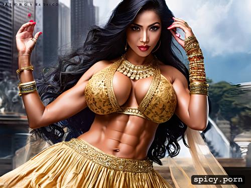 spicy low waist lehenga, long curly hair, 35 years old, six pack abs