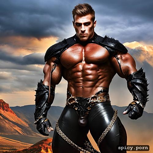 front view, very big bulge, skin tight leather gear, comprehensive cinematic