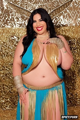 massive saggy melons, gold and silver and colorful jewelry, extremely long wavy dark hair