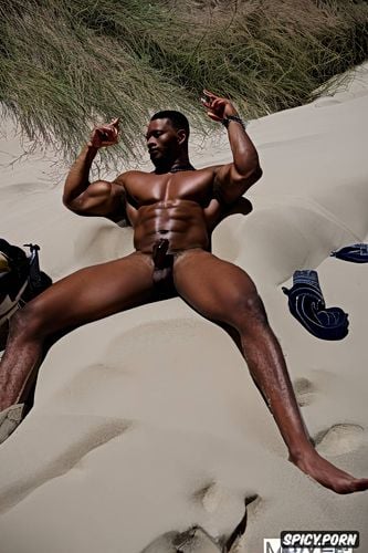 open asshole, abs, black man, on the beach big long erect penis