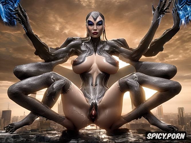 alien like, bold shaved vagina, make more asian, bottom half is giant spider body with eight legs