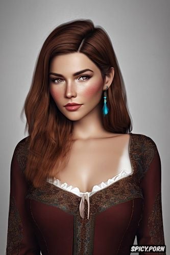 tight low cut brown peasant farmer dress, bethany hawke dragon age beautiful face pale kissed skin long soft chestnut brown hair