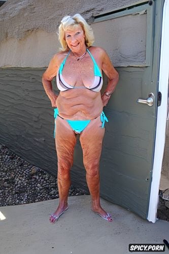 seventy nine of age fit body tan lines blonde hair friendly bimbo granny huge overexaggerated bimbo tits long fingernails i deliver her a package and she comes to the door in a bikini