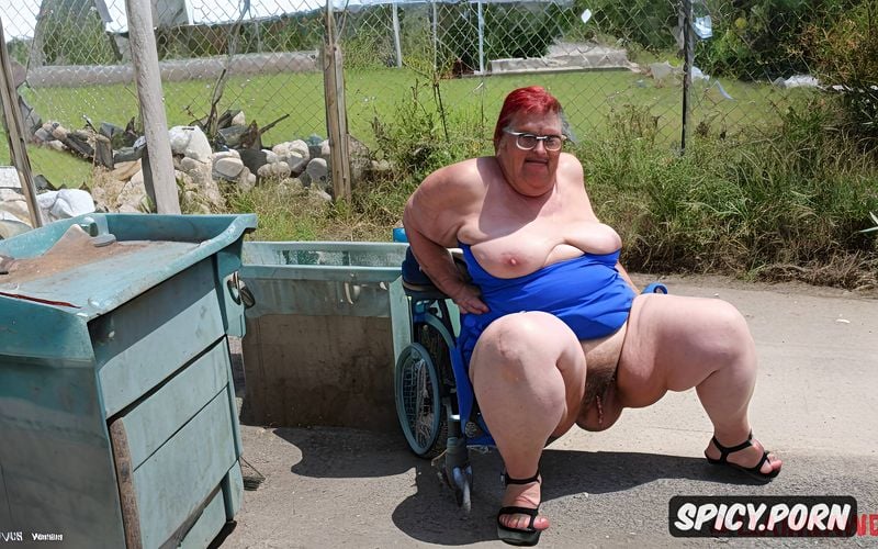 ugly fat grandma, poorly dressed, topless, hairy pussy, in a garbage waste landfill