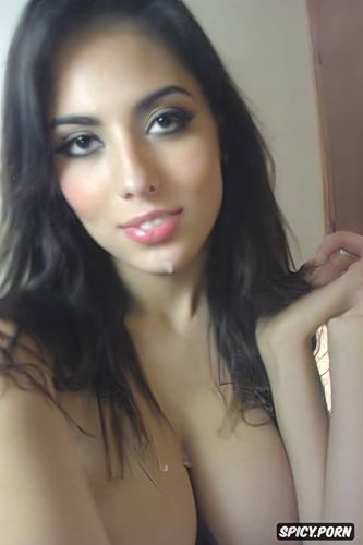 wicked mischievous look, big saggy tits, cute face, real amateur polaroid selfie of a vengeful white spanish teen girlfriend