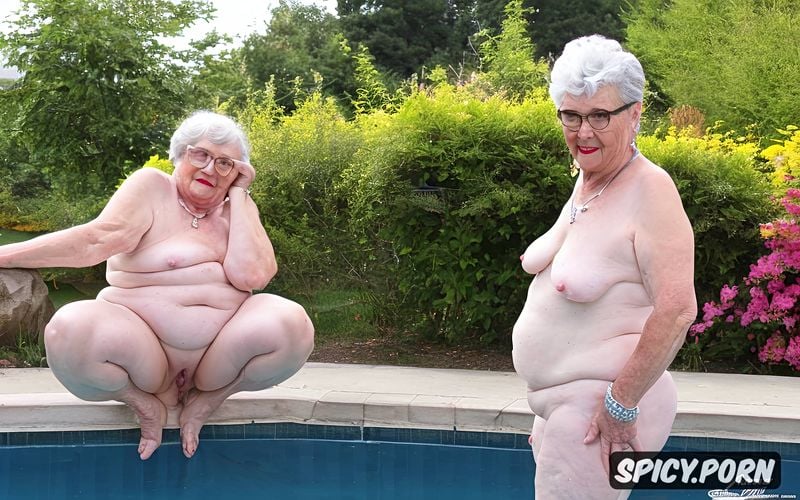 wrinkled face, cute face, background patio pool, full frontal