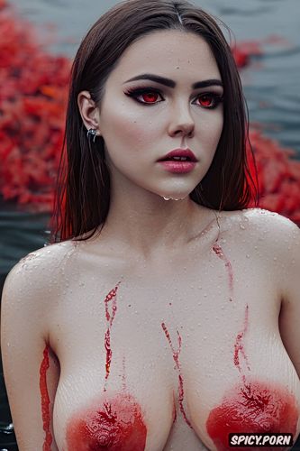 realistic photo, red liquid in eyes, large nipples, small face