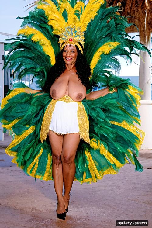 intricate beautiful dancing costume, 65 yo beautiful white caribbean carnival dancer