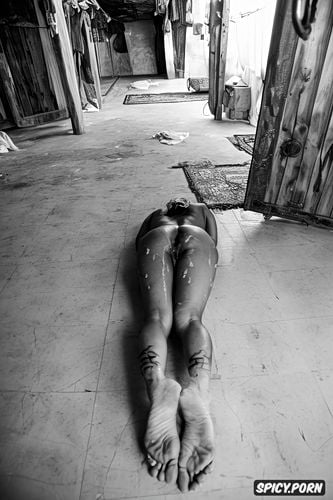 nude satanic homeless female bum, full body color photo, dirty bare feet with long daemonic black toenails and fingernails