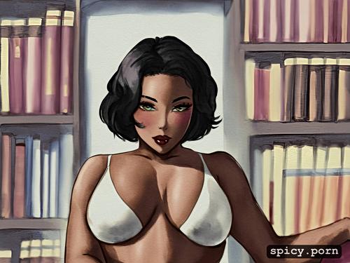 library, black 20 years old, curvy body, short hair, perky boobs
