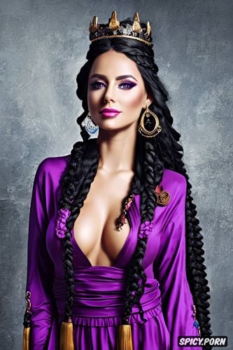 ultra detailed, ultra realistic, fantasy roman empress beautiful face full lips rosey skin long soft black hair in a braid purple robes diadem full body shot