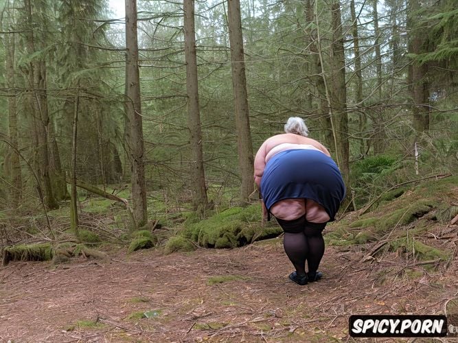 huge upturned ass, thick legs, in a forest full of trees, cellulite