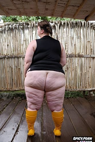 blue eyes, obese, looking backward, caucasian woman, yellow rubber boots