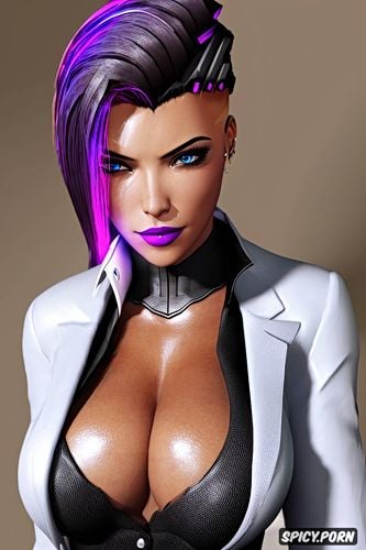 masterpiece, sombra overwatch female president of the united states black blazer white shirt shirt unbuttoned beautiful face full lips milf