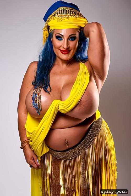 plus size, intricate bellydance costume, blue hair, hanging breasts