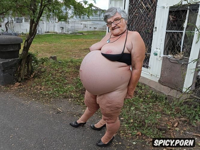 comprehensive cinematic, professionnal colored photography, super obese old granny