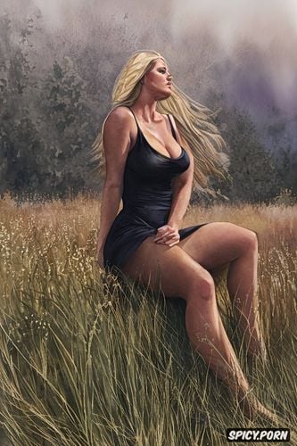 a curvy woman, sexy figure, blonde, tall grass, dramatic, a tight dress